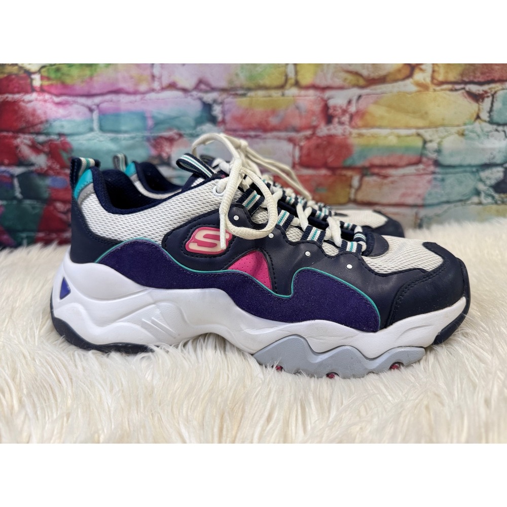 Skechers DLites Women's 8.5 Navy Purple Chunky Sneakers Memory Foam Casual 12955